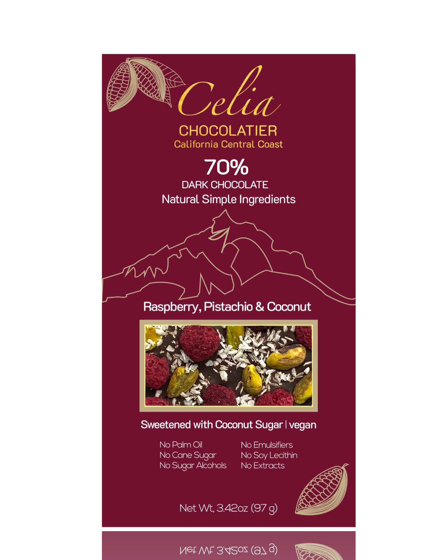 Raspberry, Pistachio, Coconut - 70% Dark Chocolate