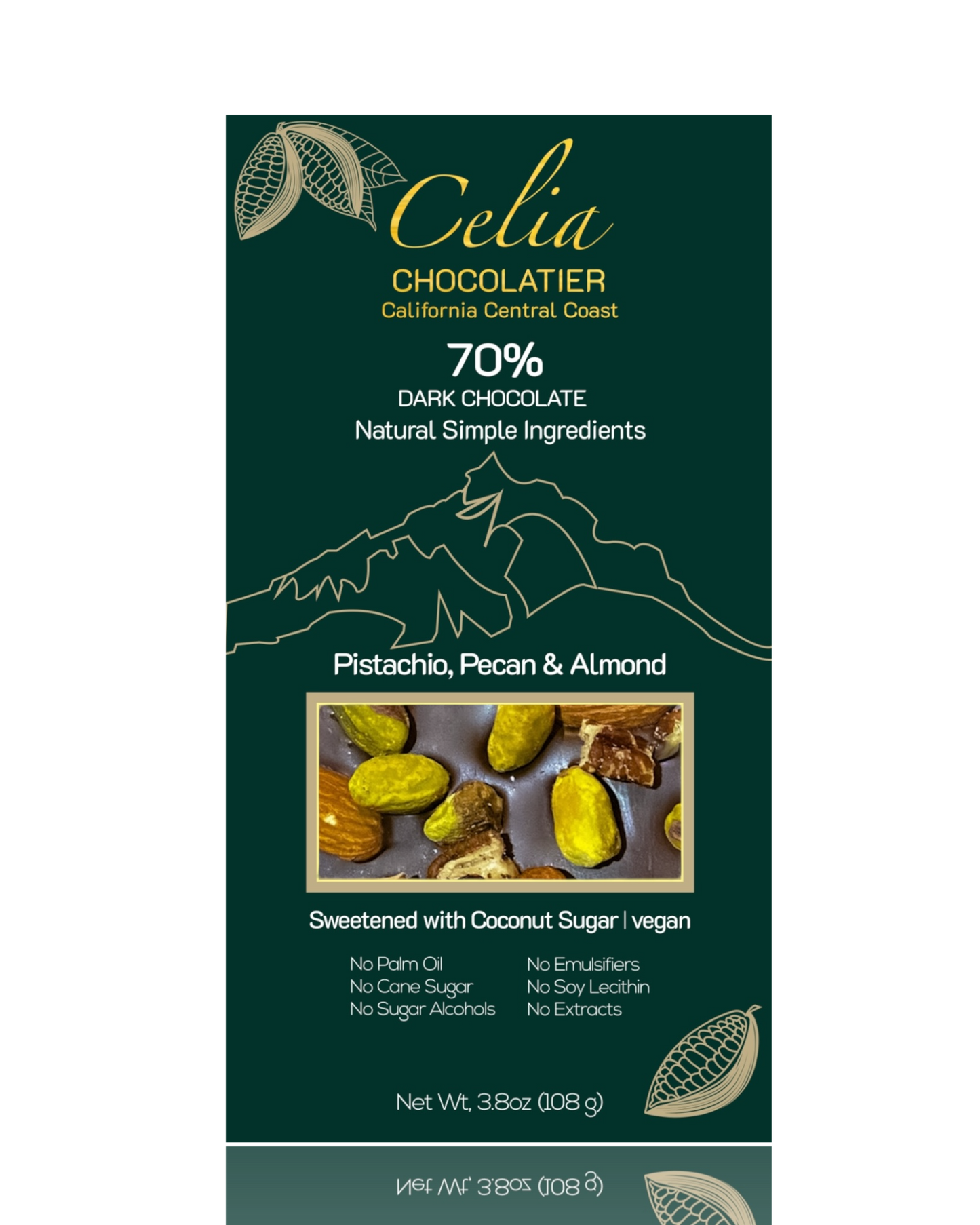 Pistachio, Almond, Pecan - 70% Dark Chocolate Bar – Celia Chocolatier Pistachio, Almond, Pecan - 70% Dark Chocolate Bar – Celia Chocolatier