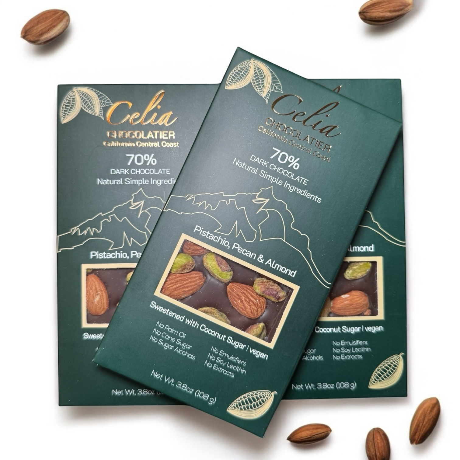 Pistachio, Almond, Pecan - 70% Dark Chocolate Bar – Celia Chocolatier Pistachio, Almond, Pecan - 70% Dark Chocolate Bar – Celia Chocolatier