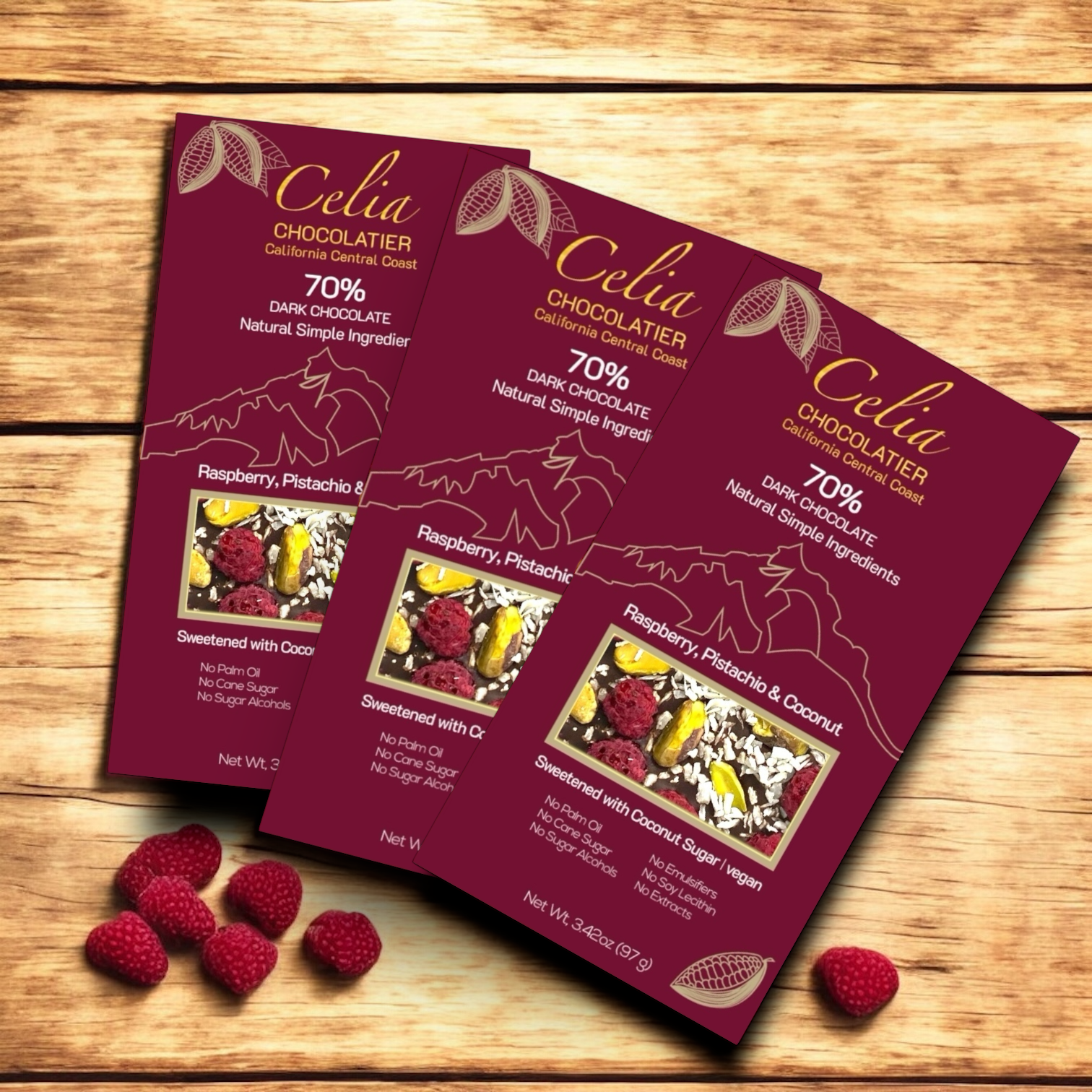 Raspberry Pistachio Coconut 70% Dark Chocolate Bar | Coconut Sugar Raspberry Pistachio Coconut 70% Dark Chocolate Bar | Coconut Sugar